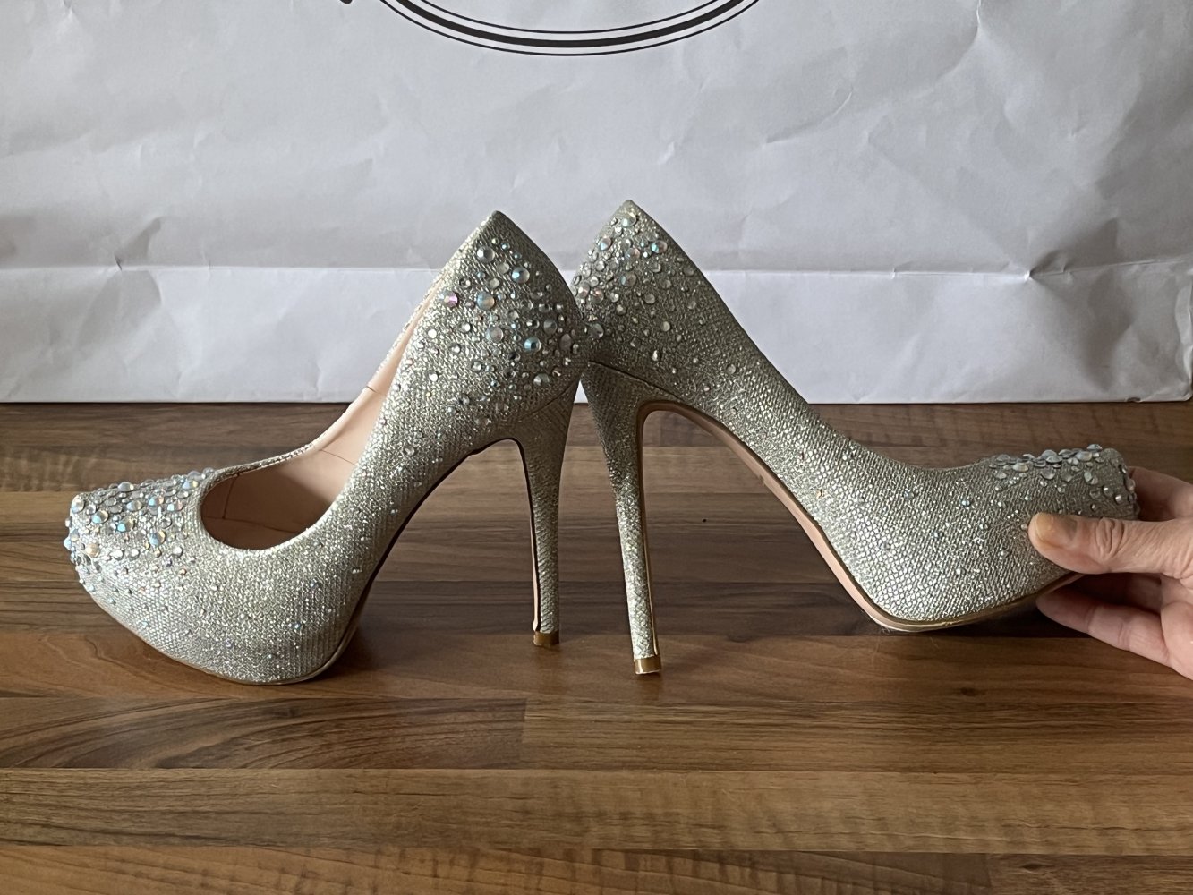 Fabulicious Super High Heels (12cm) Gold Glitzer mit Regentropfen / Perlen DekorGr.38 Model Destiny