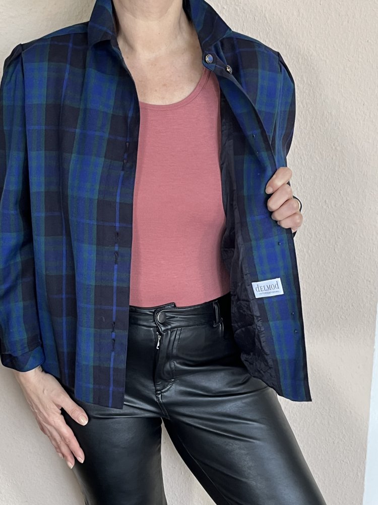 Delmond Vintage Hemdblusen Jacke Gr.42 kariert mit Doppelbuttons tolles sattes Blau 