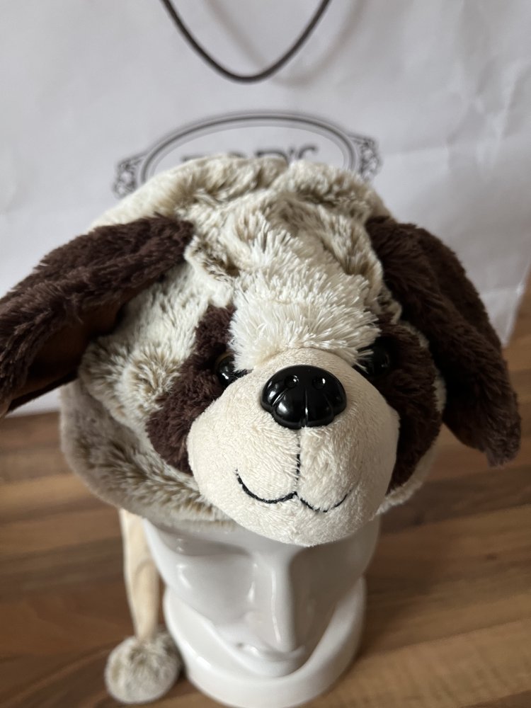 Jumi Fake Fur Kinder Mütze mit Hundekopf und Bommel Uni Größe