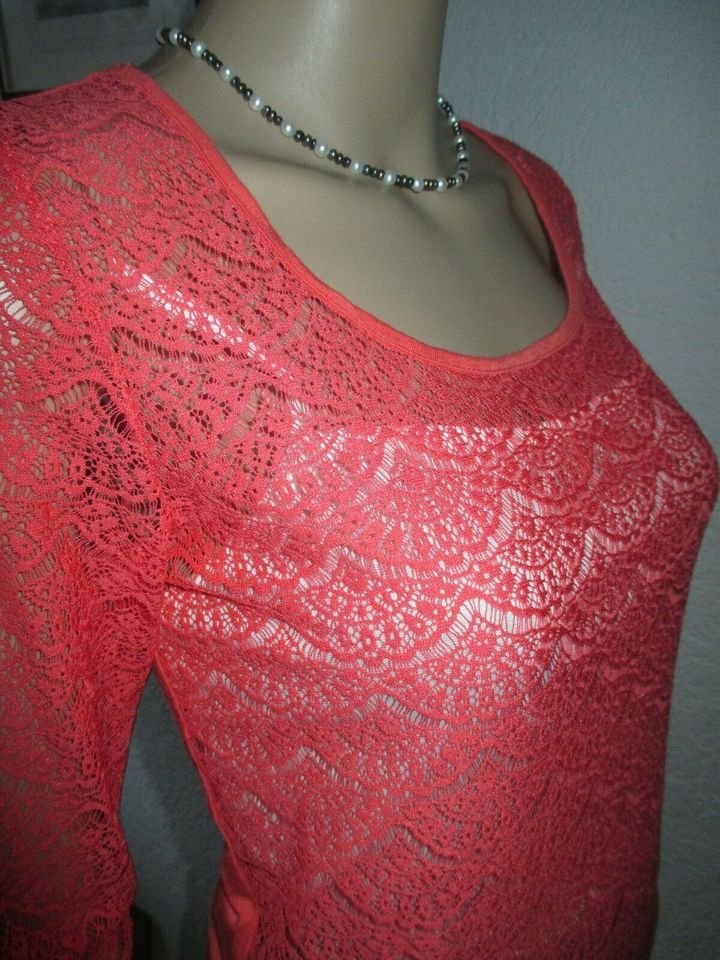 NEUw * Original VINTAGE * Designer * Lace- Spitzen * Dreiviertel Arm * Bodycon * T- Shirt * Gr. 38- 40/ S- M * lachs * koralle *