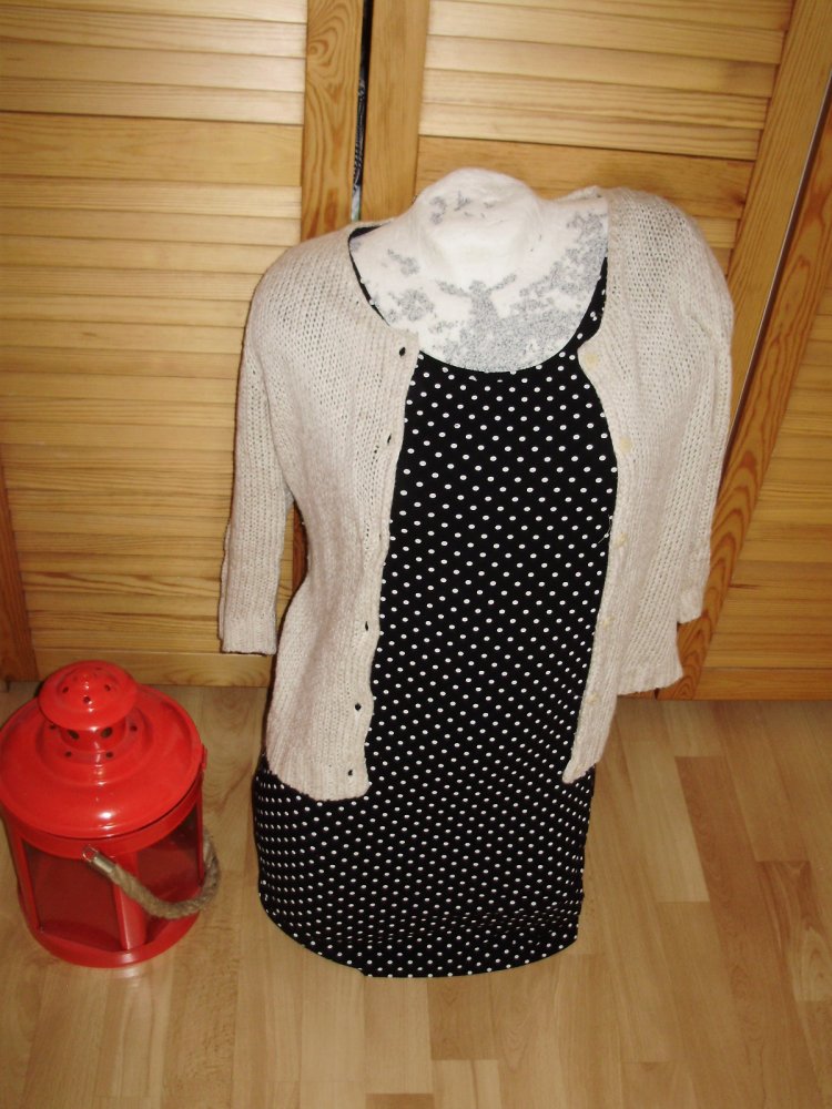 Outfit 11: H&M Kleid schwarz Dots + Esprit Cardigan beige mit Leinen S