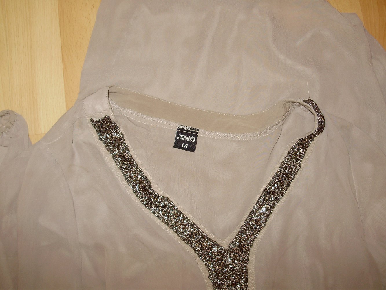 Hailys zarte Bluse Tunika braun mit Perlen Ausschnitt 7/8 Arme Gr M