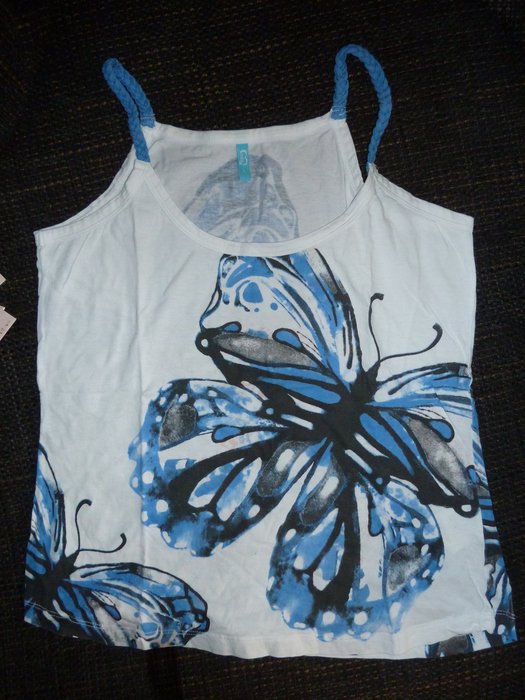 Weißes Top blaue Träger Schmetterlinge Größe M / L