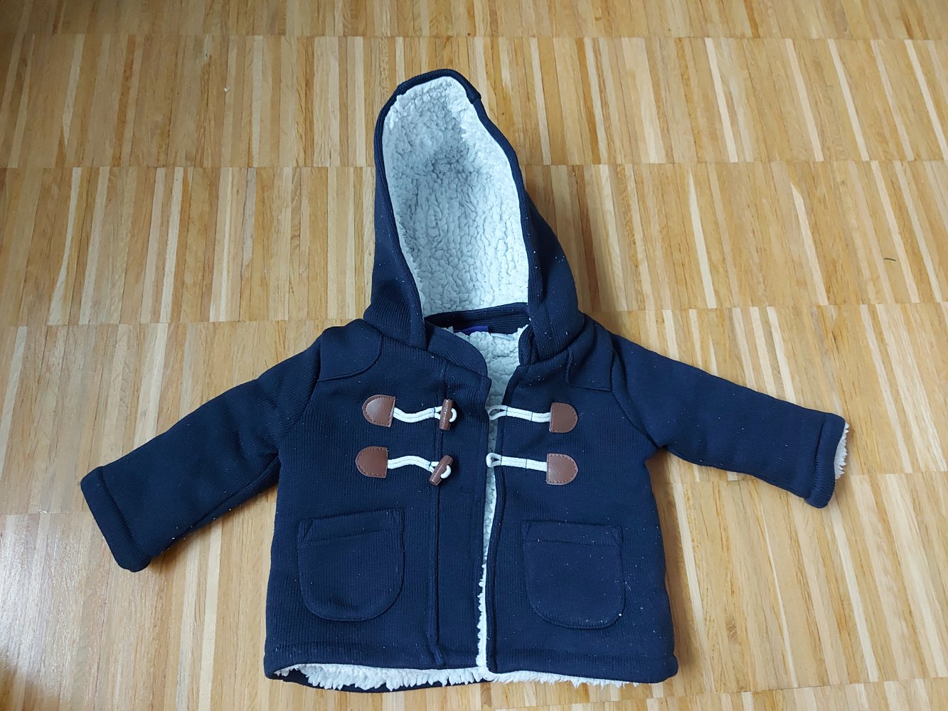 dunkelblaue gefütterte Babyjacke mit Kapuze, Gr. 62/68