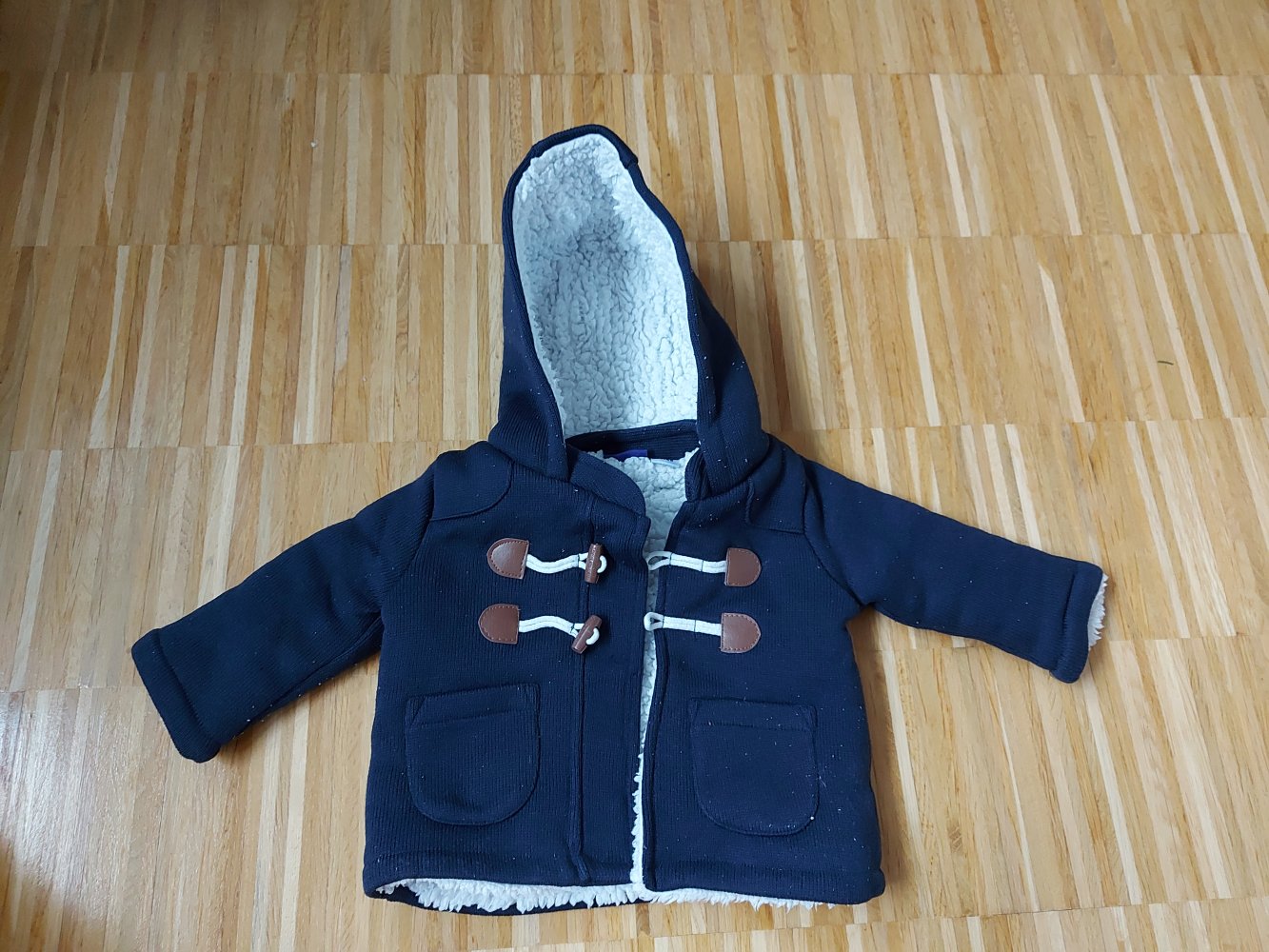 dunkelblaue gefütterte Babyjacke mit Kapuze, Gr. 62/68