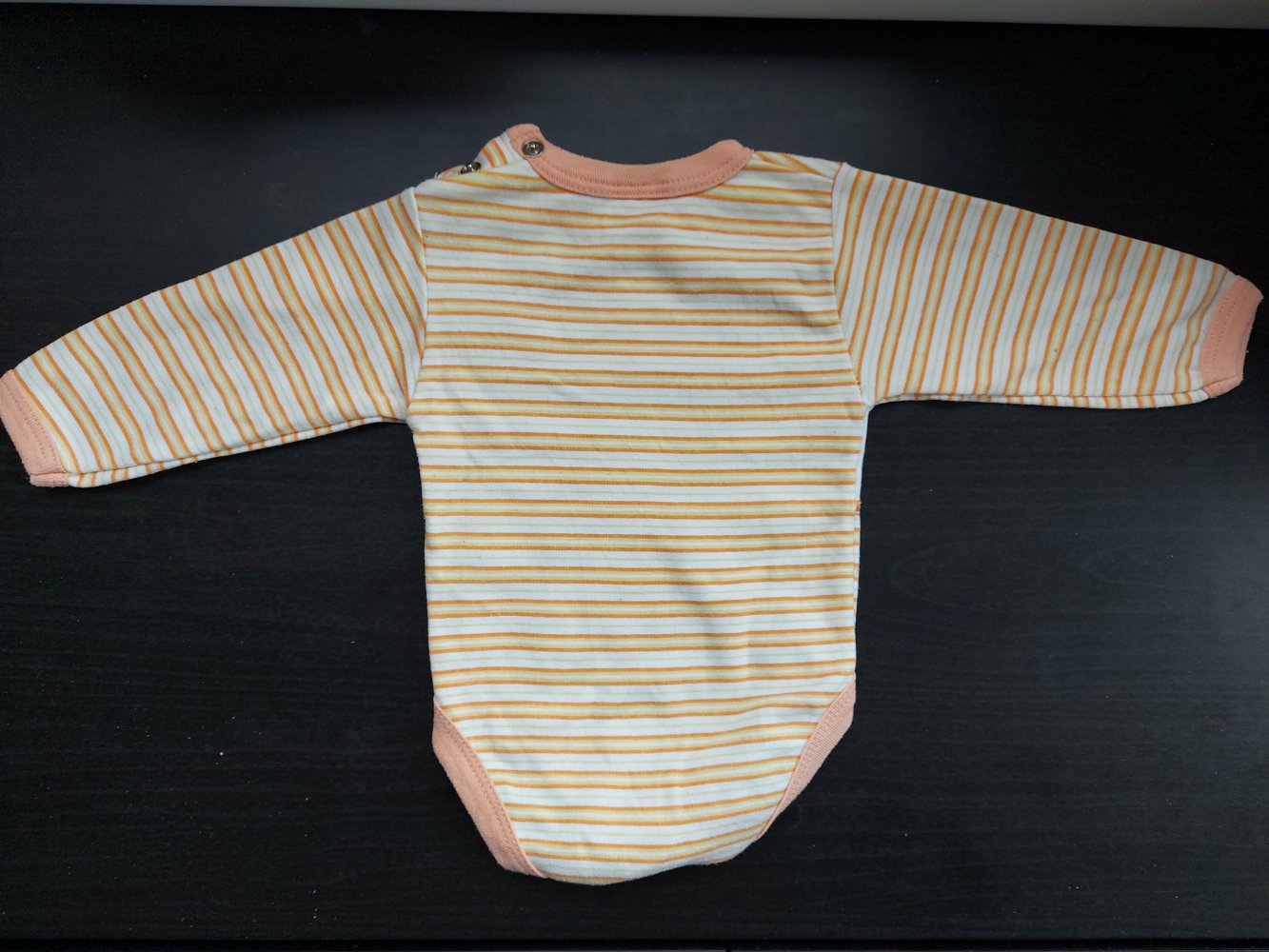 orange-weiß gestreifter Langarmbody mit Küken Gr. 56 unisex geschlechtsneutral