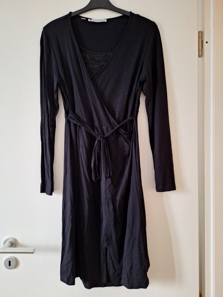 langärmliges schwarzes Wickel-Stillkleid / Wickel-Umstandskleid mit Spitze und Schleife Gr. 40/42