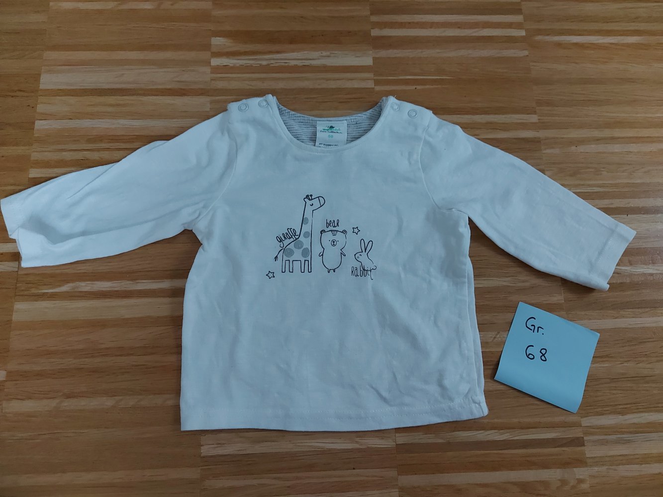langärmliger weißer Babypullover Gr. 68 mit Giraffe, Bär und Hase