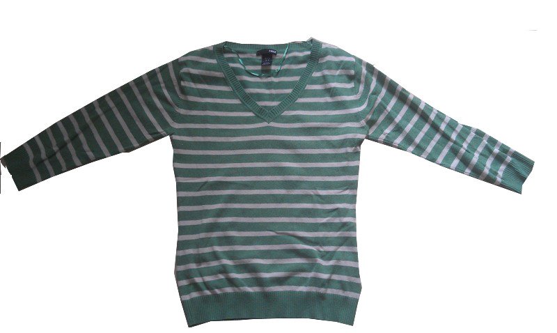 Pullover Strick Streifen grün beige Gr. M V-Ausschnitt H&M