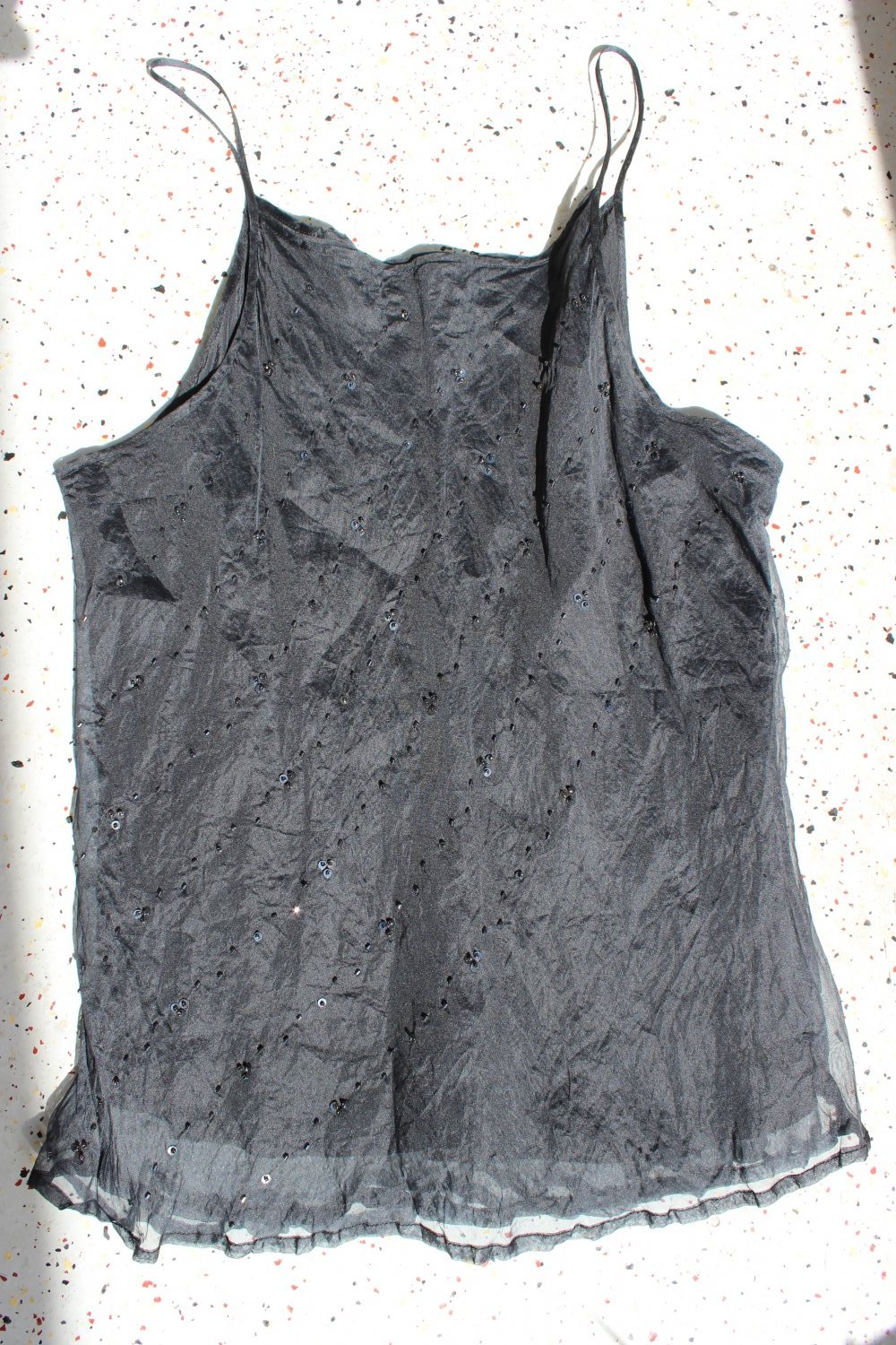 NEU! MERONA Reine Seide Organza Chrash-Look Perlen/Pailletten Top schwarz