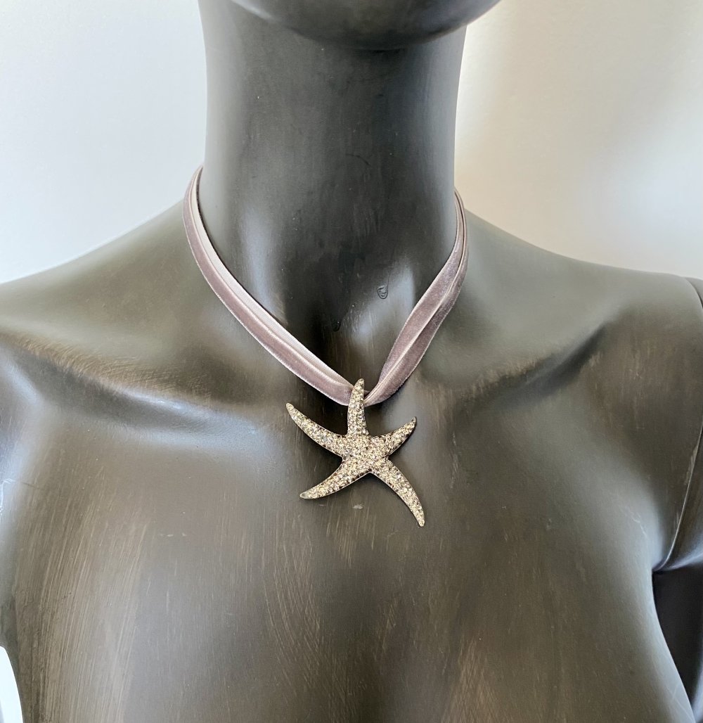 Kette, 925 Silber, Seestern m. Glitzersteinen, Samtband grau