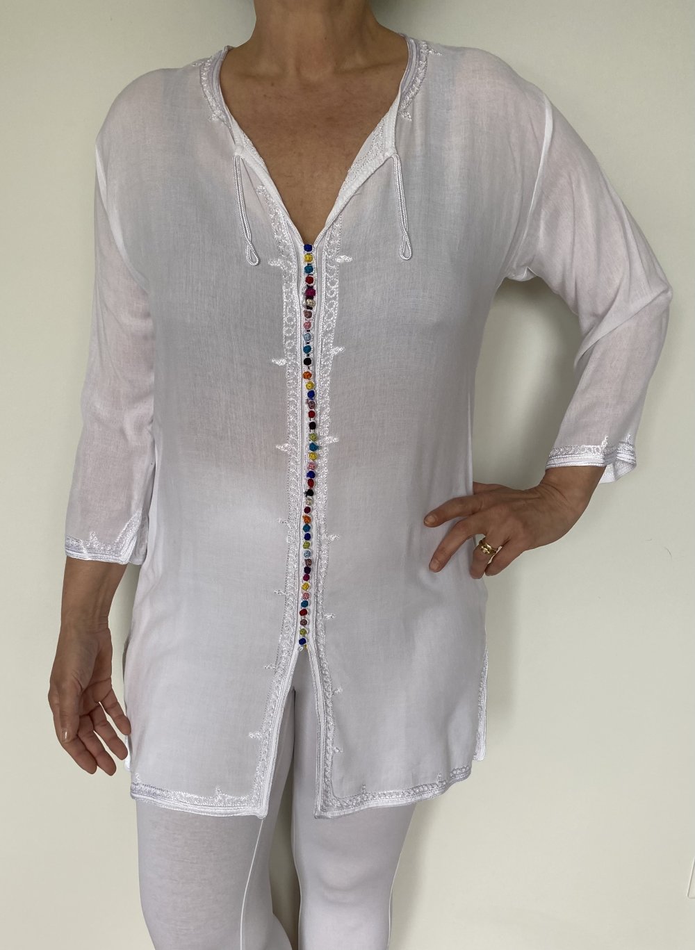 Fischer‘s Textile, Tunika Bluse, weiß, Verzierungen, Gr. M