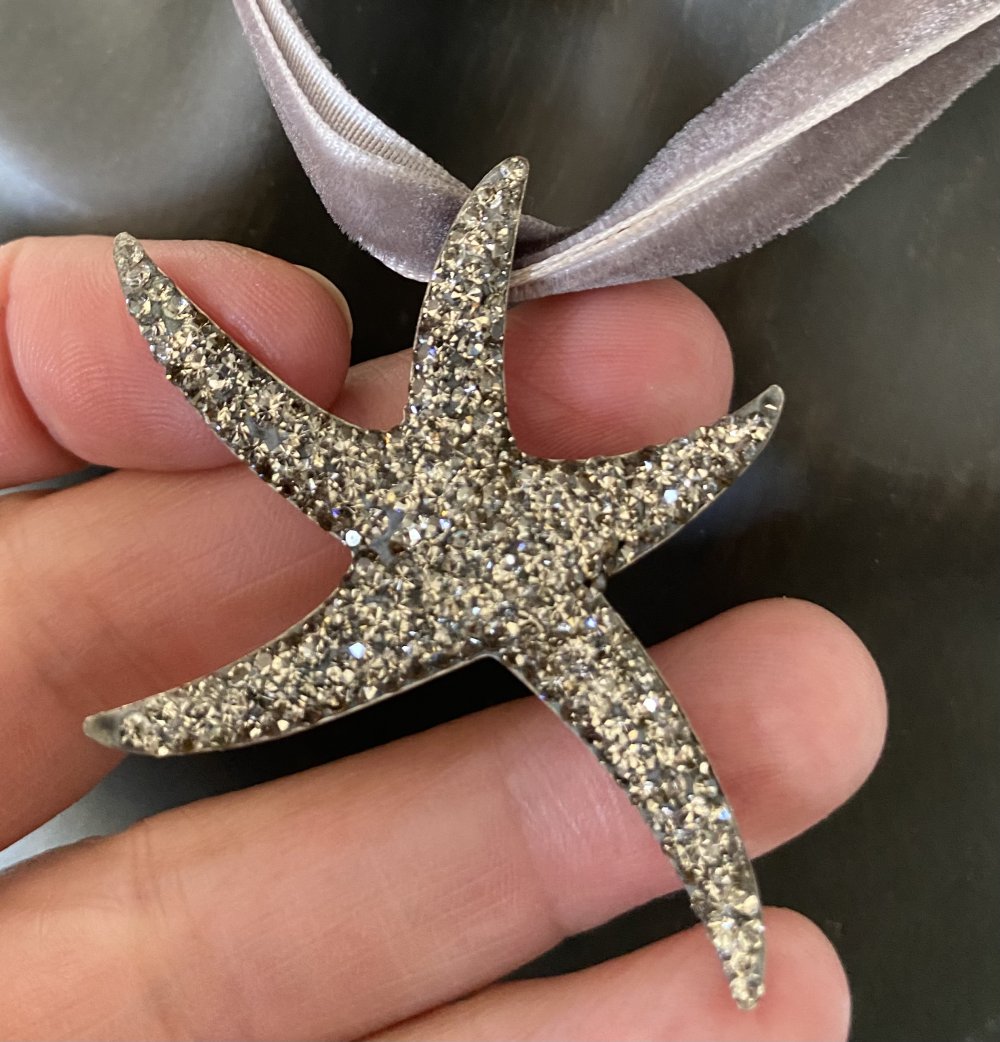 Kette, 925 Silber, Seestern m. Glitzersteinen, Samtband grau