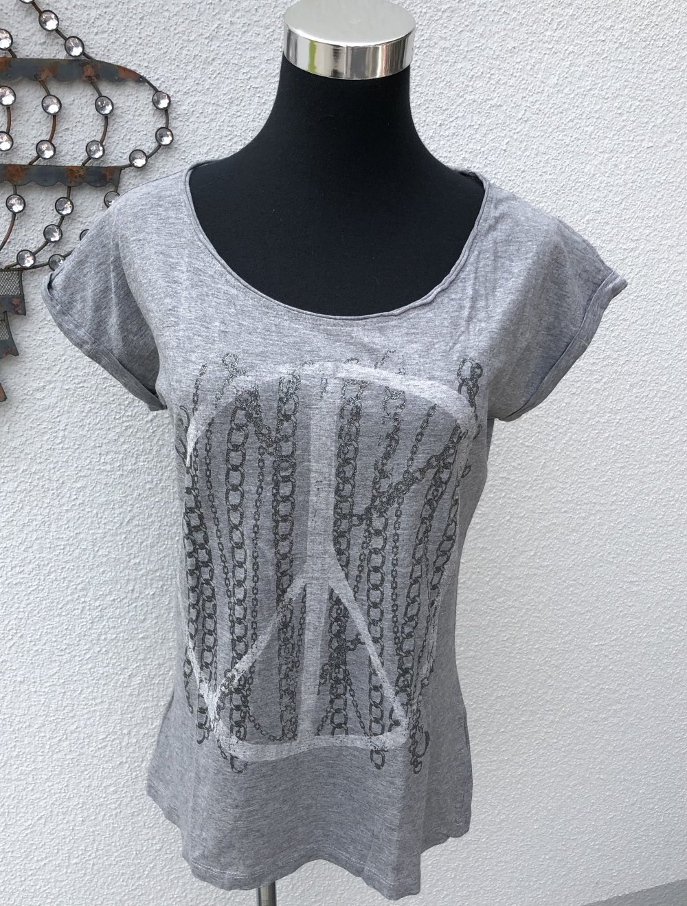 Only, T-Shirt, Peace Logo, Glitzer, Grau, Gr.38