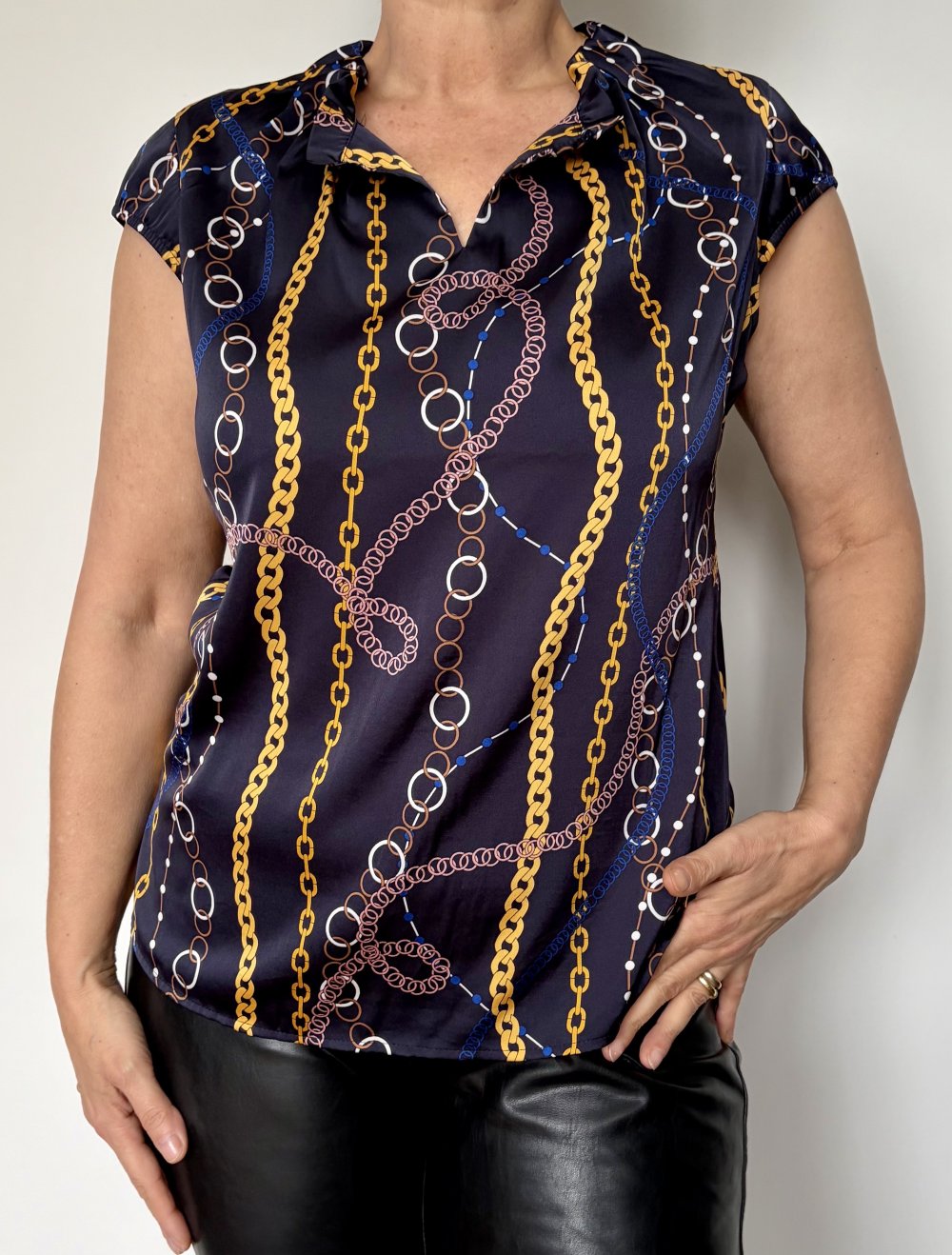 Comma, Bluse, Satin, Raffung, gemustert, blau/ gold, Gr.38