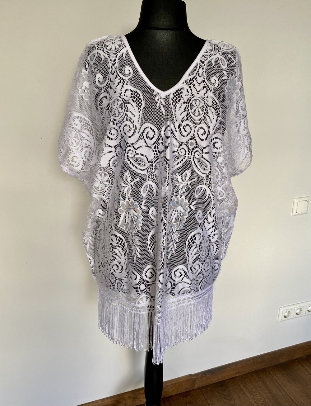Hunkemöller, Strandtunika, weiß, Häkellook, mit Fransen, Gr. M