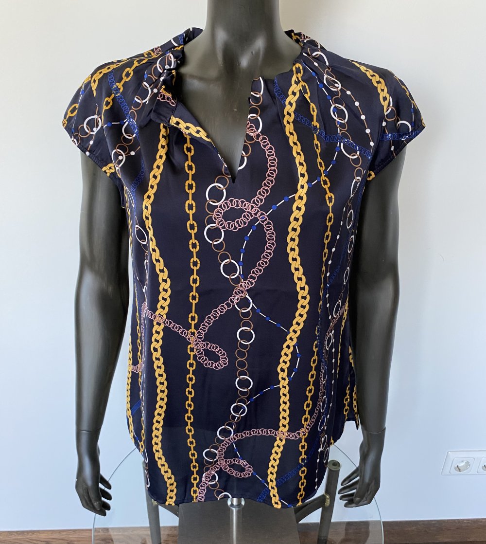 Comma, Bluse, Satin, Raffung, gemustert, blau/ gold, Gr.38