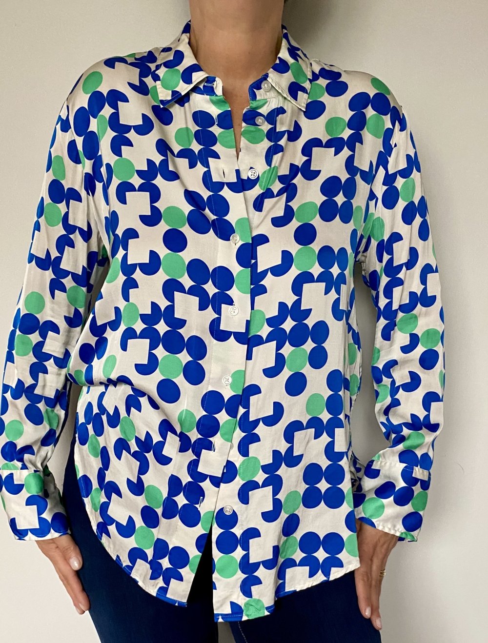 Someday, Bluse, neuwertig, langarm, Viskose, weiß/blau/ grün, Gr. 38