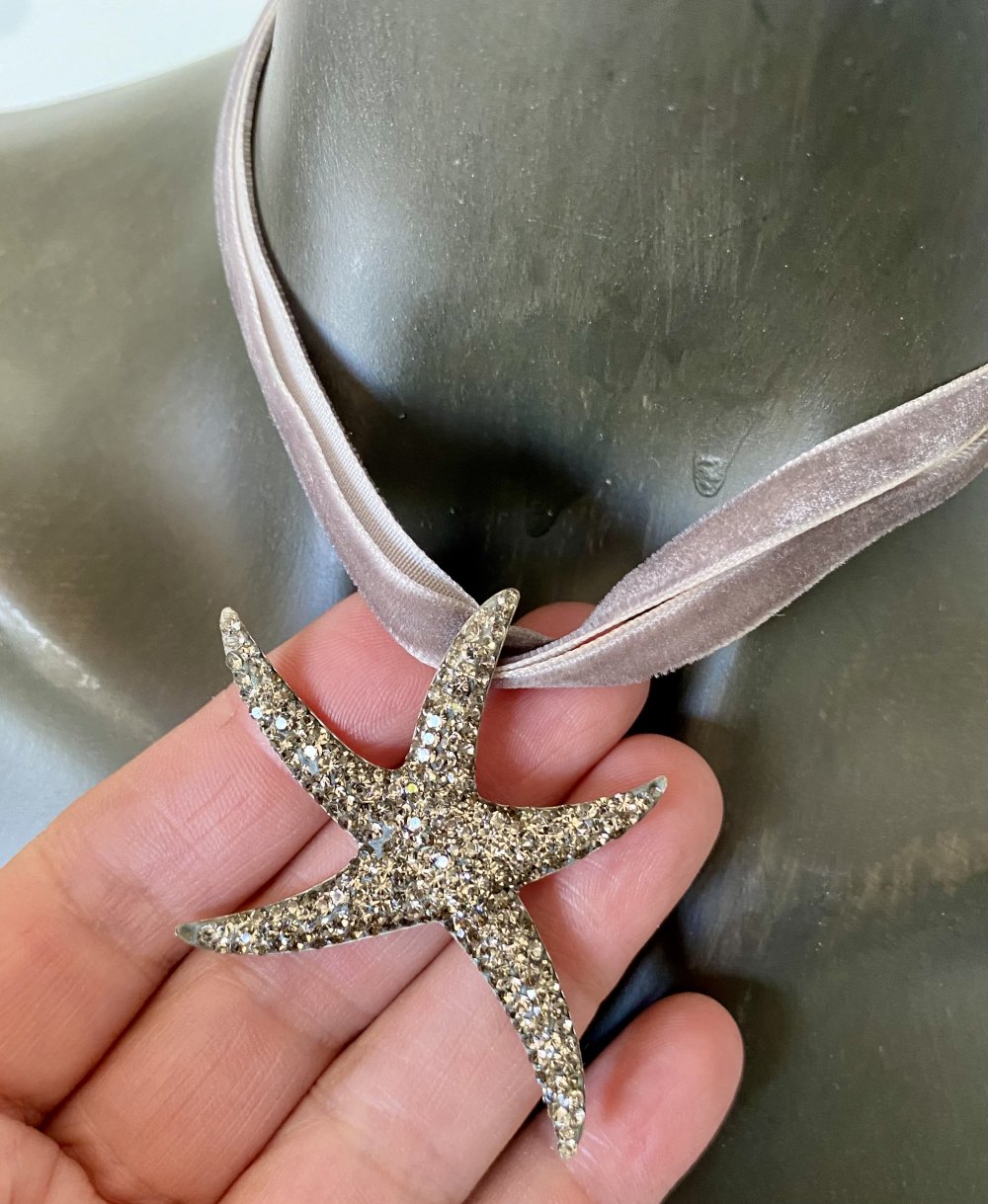 Kette, 925 Silber, Seestern m. Glitzersteinen, Samtband grau
